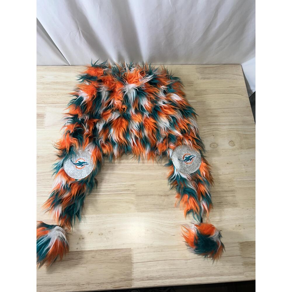 Miami Dolphins Wordmark Ears Trooper Fuzzy Trapper Hat Orange Teal White Glitter